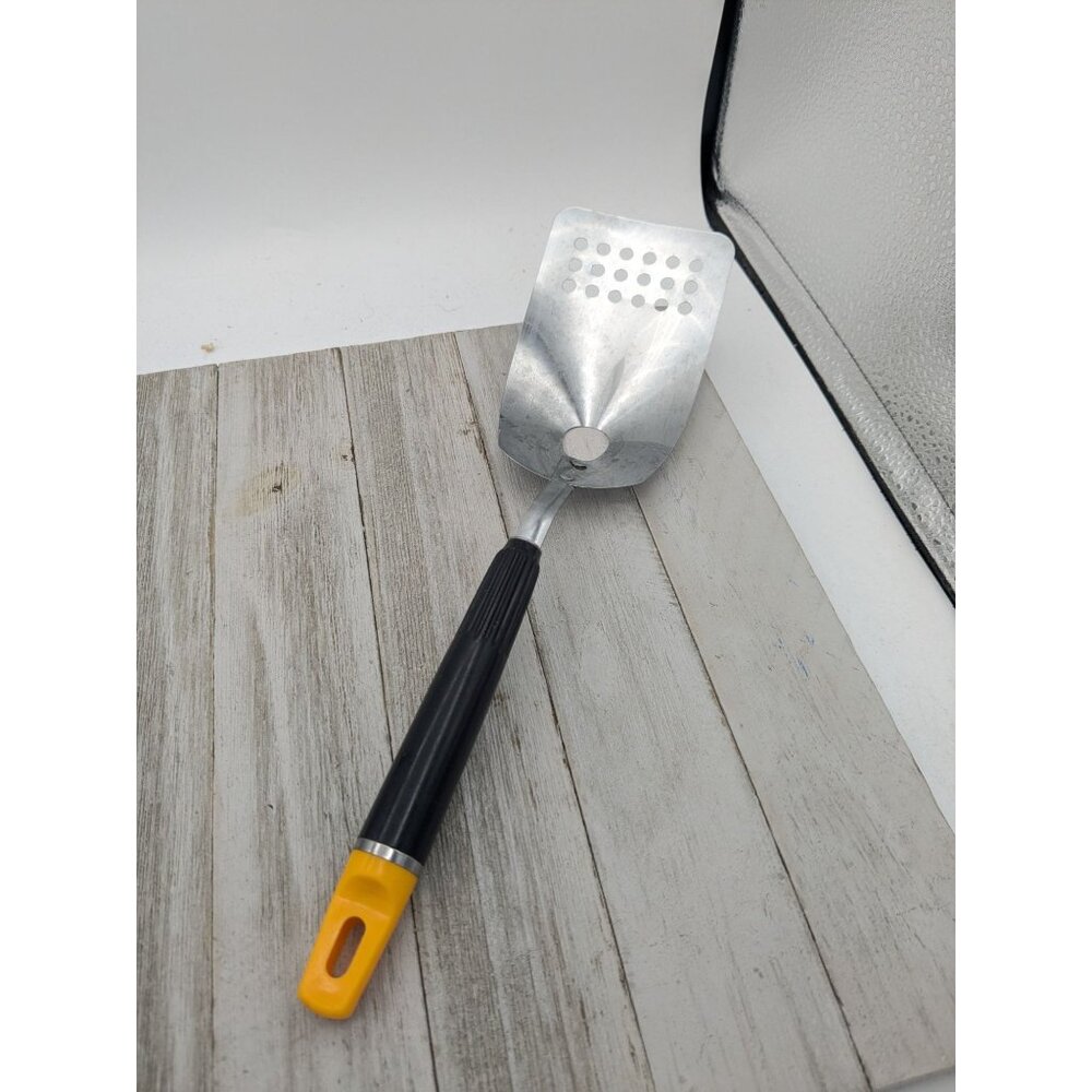 Top Drawer Stainless Steel Slotted Spatula With Drain Hole Black Yellow Handle
